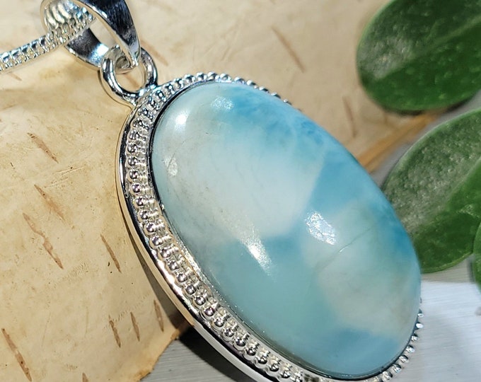 Natural High Quality Dominican Larimar Handmade Oval .925 Sterling Silver Pendant 1 3/4" x 7/8" 12 Grams CN37 Gift for Her