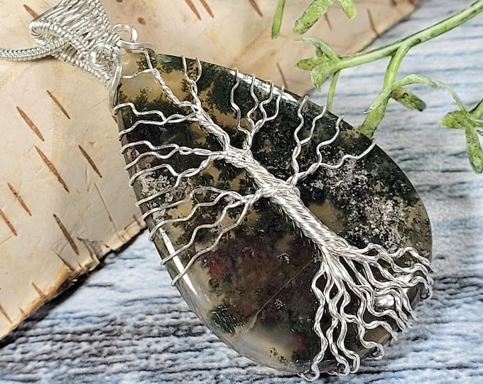 Moss Agate Pendant, Moss Agate Sterling Silver Wire Wrapped Pendant, Moss Agate Hand Wire Wrapped Silver Pendant, Tree of Life Pendant, JA01