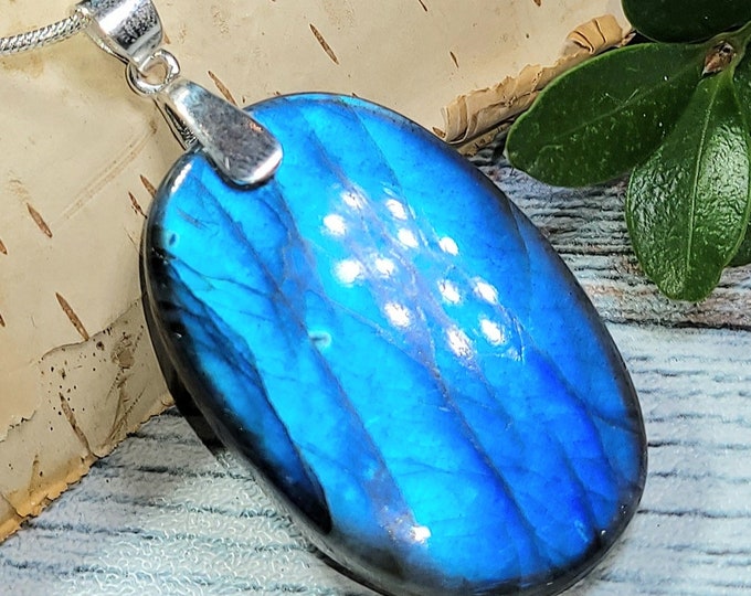 Natural AAA Full Blue Flash Labradorite Oval Cabochon  .925 Sterling Silver Pendant 60ct 2" x 1" AK01 Sterling Silver Heavy Duty Bail