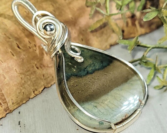 Multi-Colored Opalized, Petrified Wood Wire Wrapped .925 Silver Pendant, Sterling Silver Wire Wrapped Pendants, Opalized Wood Pendant  HN03