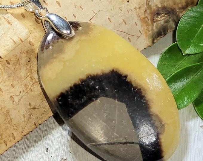 Natural High Grade Yellow Septarian Oval Cabochon .925 Sterling Silver Pendant 2" x 1" AP02 Sterling Silver Heavy Duty Bail