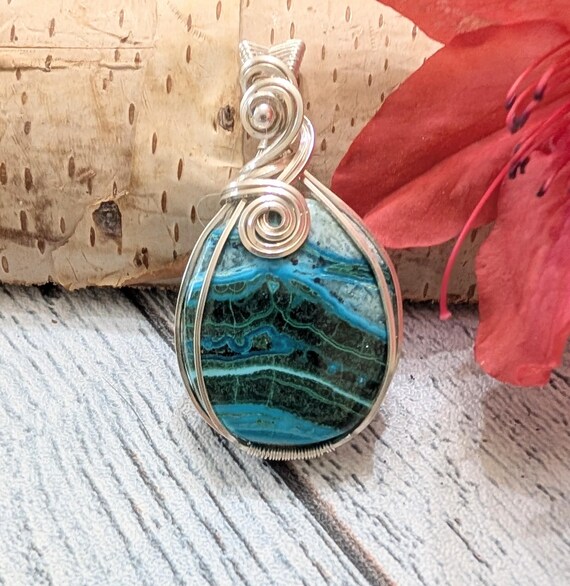 Malachite Chrysocolla Sterling Silver Pendant: Wire Wrapped Statement Jewelry