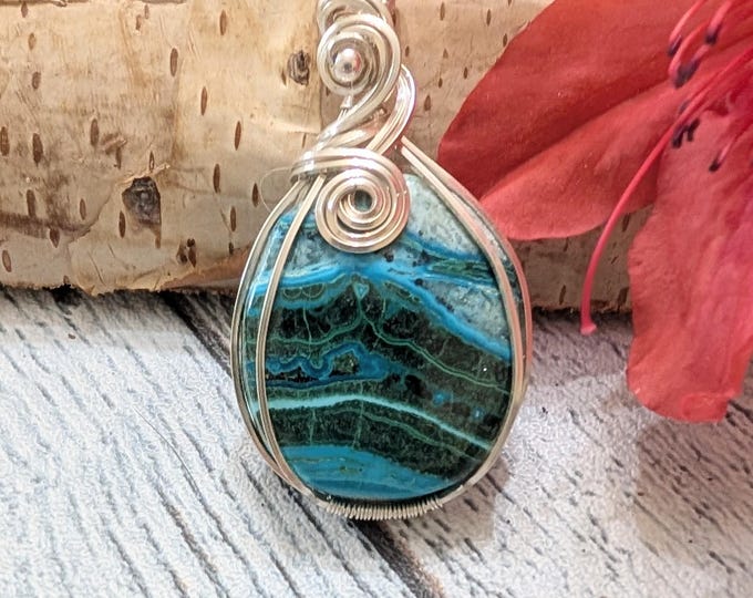 Malachite Chrysocolla Pendant, Malachite Chrysocolla Wire Wrapped Sterling Silver Pendant, Gift for Her, Statement Pendant, HX10