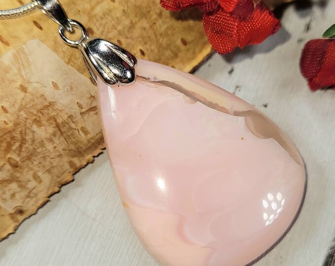 Natural Premium Peru Pink Opal Pear Cabochon Handmade .925 Sterling Silver Pendant 1 3/4 x 1" DC07 Rhodium Plated Solid Sterling Silver Bail