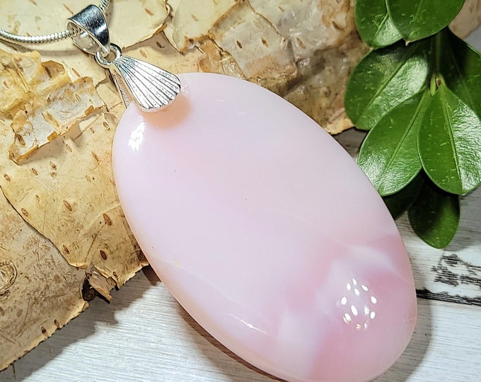 Natural High Grade Rare Peru Pink Opal Cabochon .925 Sterling Silver Pendant 50ct 2 3/8" x 1 3/16" AE28 Sterling Silver Designer Bail