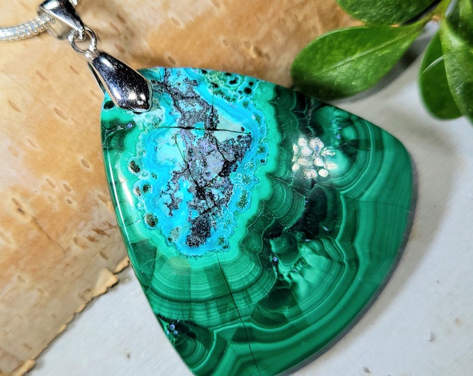 Malachite Chrysocolla Pendant, Malachite Chrysocolla Cabochon Sterling Silver Pendant, Gift for Her, Statement Pendant, DR16, Handmade Piece