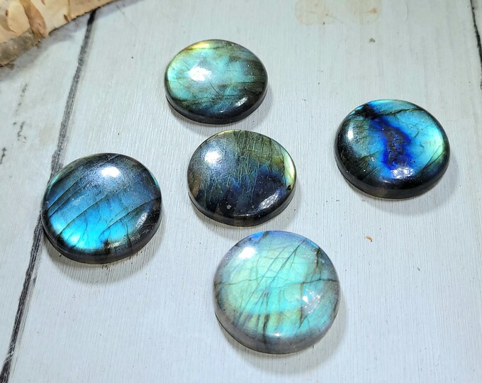 Natural Premium Grade Multi-Flash Labradorite Round Cabochons 155ct 5 Stone Lot Wire Wrapping, Weaving, Pendant or Ring AE16