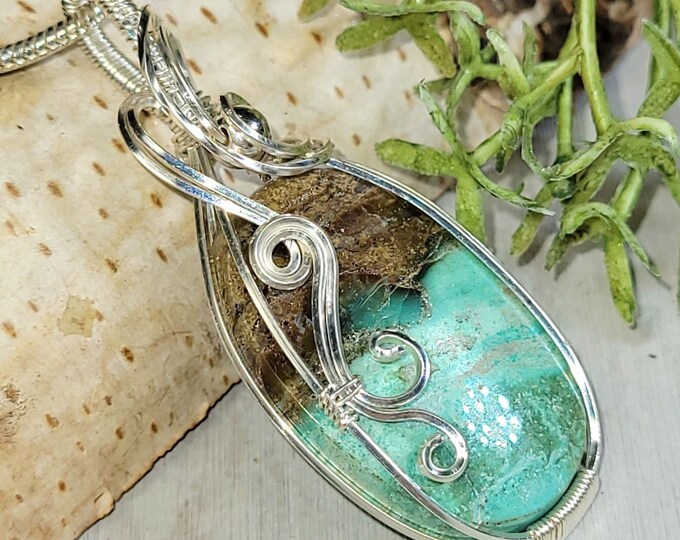 Blue Opalized Wood Pendant, Blue Opalized Wood Wire Wrapped Sterling Silver Pendant, Petrified Wood Pendant, Hand Wire Wrapped Pendant, HC14