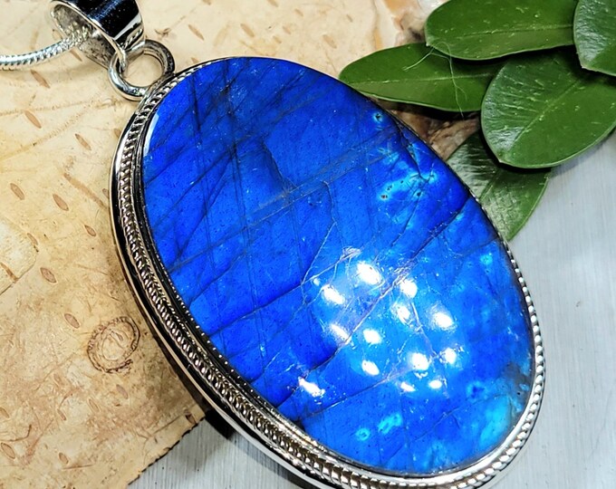 Natural Premium Grade Blue Full Flash Labradorite Oval Handmade .925 Sterling Silver Pendant 2 1/8" x  1 1/8" 22 Grams CA30