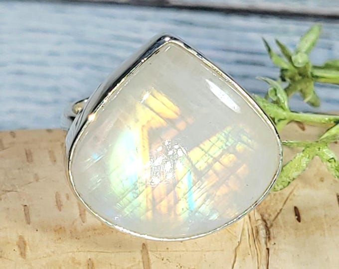Rainbow Moonstone Sterling Silver Ring - Pear AAAA Grade, Size 9