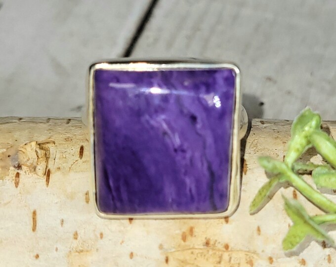 Charoite Ring, Charoite Sterling Silver Ring Size 6.5, Square Charoite Ring, Statement Charoite Ring, Charoite Handmade Ring, HG