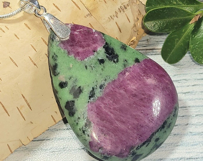 Natural High Grade Ruby Zoisite Cabochon .925 Sterling Silver Pendant 95ct 2 3/8" x 1 3/8" 21 Grams AK12 Sterling Silver Heavy Duty Bail
