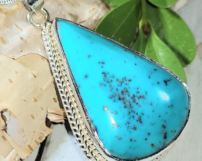 Natural High Grade Turquoise With Pyrite Handmade .925 Sterling Silver Pendant 2" x 1 5/16" 18 Grams EN26