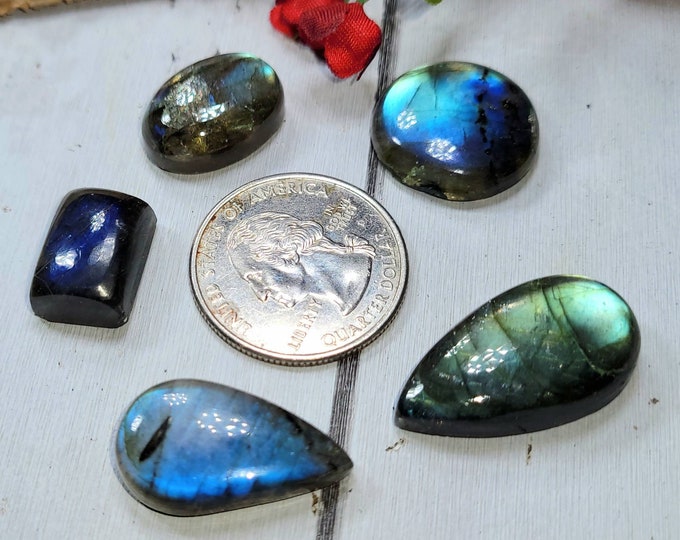 Natural Multi-Flash Labradorite Mixed Cabochons 85ct 5 Stone Lot Wire Wrapping, Weaving, Pendant or Ring DC33 Gift  for Her or Him