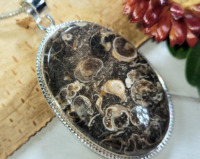 Natural High Grade Turritella Jasper Handmade Oval .925 Sterling Silver Pendant 2 1/4" x 1 1/4" 15 Grams CT21 Gift for Her