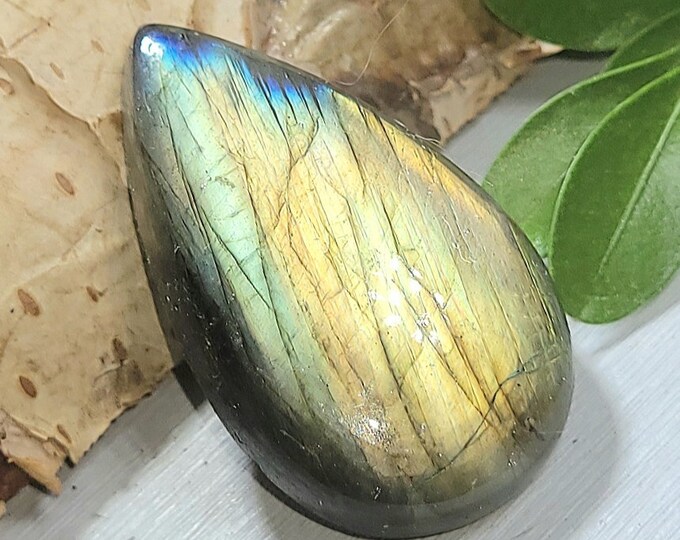Natural Golden & Green Fire Labradorite Pear Cabochon 35ct 7 Grams 32mm x 19mm Wire Wrapping, Weaving or Pendant, Ring or Collector AJ21