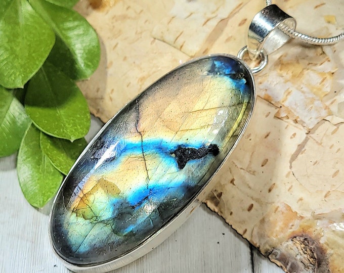 Natural High Grade Multi Fire Labradorite .925 Sterling Silver Pendant Measures 2 1/4" x 3/4" Weighs 14 Grams AC03
