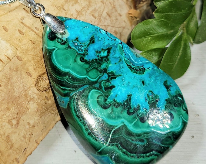 Natural Premium Grade Chrysocolla Malachite Pear Cabochon .925 Sterling Silver Pendant 60ct  2" x 1" 13 Grams AT16 Sterling Silver Bail