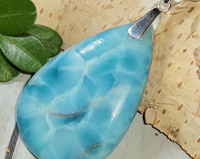 Natural AAA Dominican Larimar Cabochon .925 Sterling Silver Pendant 2 1/4" x 1 1/8" 15 Grams EW39 Sterling Silver Heavy Duty Bail
