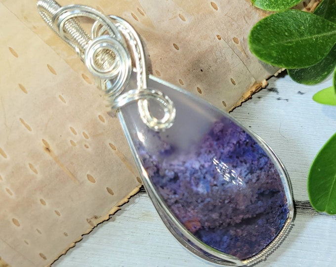 Purple moss agate pendant, purple moss agate wire wrapped pendant, moss agate pendant, Wire wrapped Pendant, Sterling Silver wire wrap