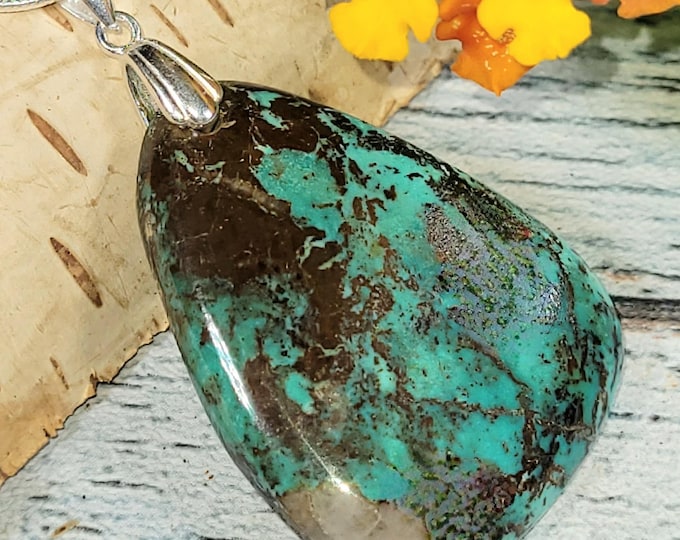 Handmade Spiderweb Turquoise Sterling Silver Pendant: Natural Pear Cabochon JH22