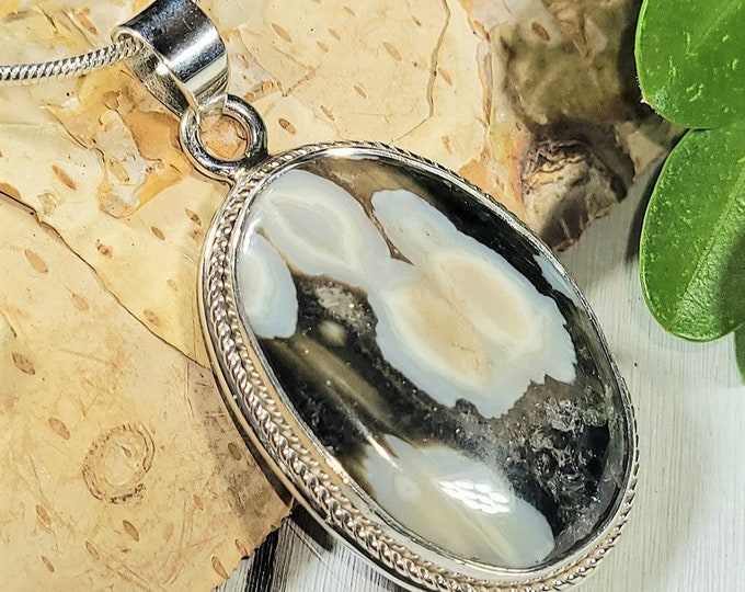 Natural AA Ocean Jasper Handmade .925 Sterling Silver Pendant 1 3/4" x 7/8" 8 Grams AB42
