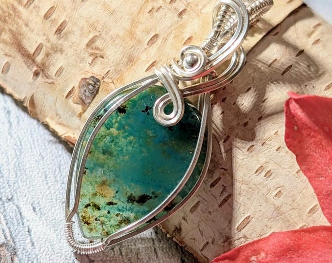 Blue Opalized Wood Pendant, Blue Opalized Wood Sterling Silver Wire Wrapped Pendant, Handmade Opalized Wood Pendant, Statement Pendant, HX17