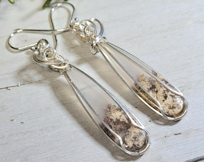 Moss Agate Earrings, Moss Agate Sterling Silver Wire Wrapped Earrings, Moss Agate Statement Wire Wrap Earrings, Handmade Earrings, HM33