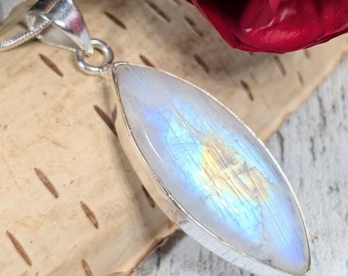 Marquise Rainbow Moonstone Sterling Silver Pendant: Handmade Moonstone Pendant, KA13
