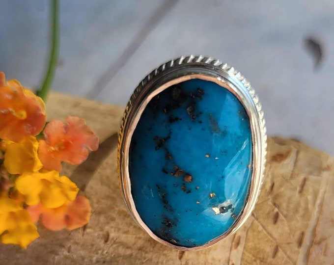 Natural Turquoise w/Pyrite Sterling Silver Ring, Boho Ring, Statement Ring Handmade Ring, Premium Grade Turquoise Quality Ring Size 8.5