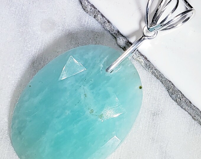 Natural High Grade Amazonite Oval Cabochon .925 Sterling Silver Pendant EB04 2 3/8" x 1 3/16" Heavy Duty Designer Sterling Silver Bail