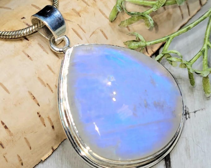 Moonstone Pendant, Blue Flash Moonstone Sterling Silver Pendant, Handmade Moonstone Pendant, Statement Moonstone Pendant, HR02