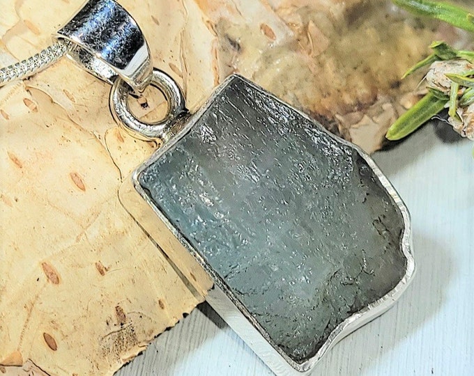 Large Raw Aquamarine Rough Cut  .925 Sterling Silver Pendant 1 1/4" X 5/8" AL13 4 grams Handcrafted