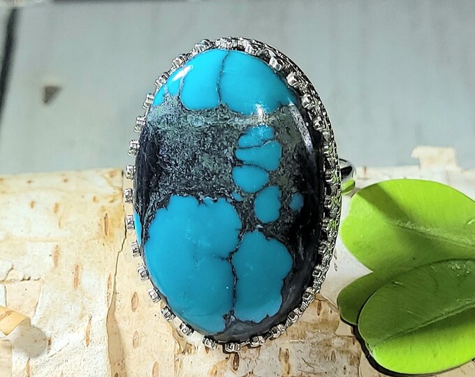 Natural High Grade Tibet Turquoise .925 Sterling Silver Crown Designer Ring Size 7.5 10 Grams Face 1 1/8" x 13/16" AH21