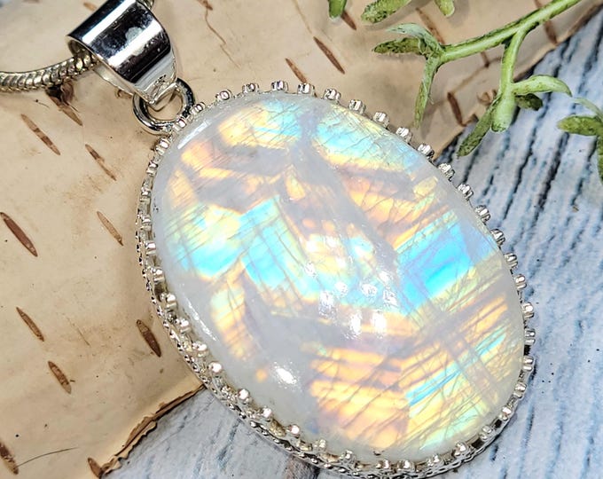 Moonstone Pendant, Rainbow Moonstone Oval Cabochon Sterling Silver Pendant, Multi Color Flash, Gift for Her, Handmade Pendant, JD09