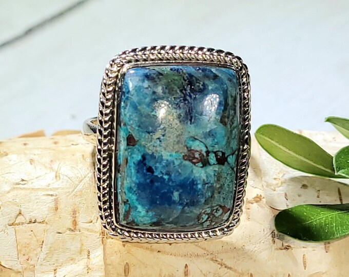 Natural Rare Shattuckite Handmade Rectangle .925 Sterling Silver Ring Size 8 9 Grams Face 7/8" x 3/4" AT37