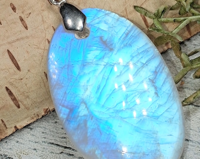 Moonstone Pendant, Rainbow Moonstone Oval Cabochon Sterling Silver Pendant, Multi Color Flash, Gift for Her, Handmade Pendant, KD02