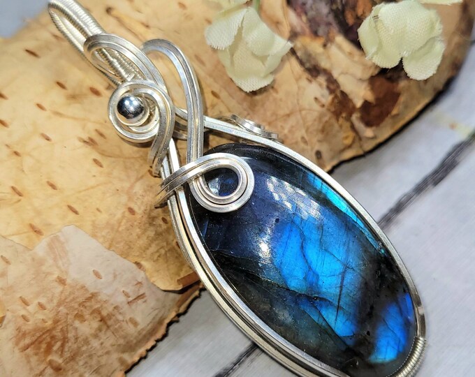 Natural Premium AAA Blue Labradorite Hand Wrapped .925 Sterling Silver Pendant 2 1/2" x 7/8" 14 Grams DB34 Handmade