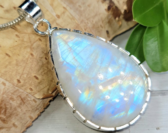 Natural AAAA Grade Multi Full Flash Rainbow Moonstone Pear .925 Sterling Silver Pendant Measures 1 7/8" x 1" Weighs 13 Grams CT09