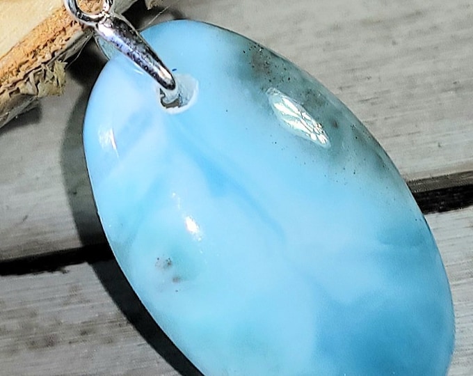 Natural Dominican Larimar Cabochon .925 Sterling Silver Pendant 1 3/8" x 5/8" 5 Grams EG14 Sterling Silver Bail