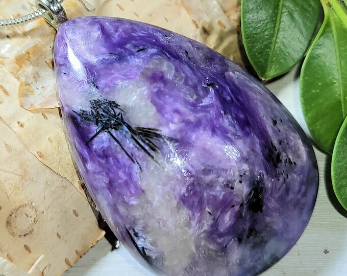 Natural Large AA Charoite Pear Cabochon .925 Sterling Silver Pendant  1 7/8" x 1 3/16" EC07 Sterling Silver Glue Dot Bail