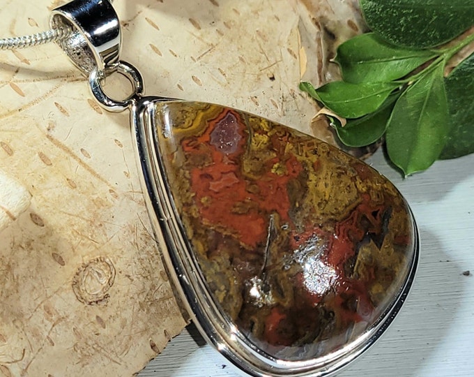 Natural Premium Grade Colorful Seam Agate Pear Handmade .925 Sterling Silver Pendant 1 3/4" x 1" 11 Grams AQ31