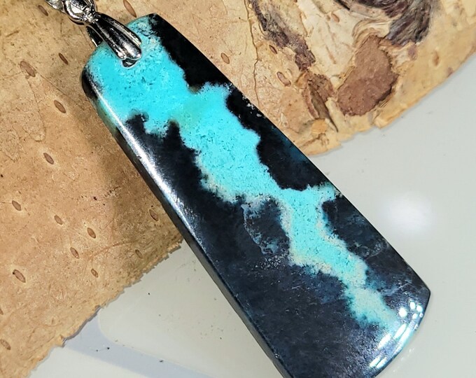 Natural Blue Opalized/Petrified Wood Cabochon Freeform Handmade .925 Sterling Silver Pendant GD12, Custom Fit Sterling Silver Bail