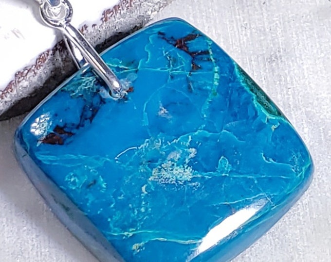 Natural AA African Chrysocolla Square Cabochon .925 Sterling Silver Pendant 1 5/8" x 1 1/8" EA2(23) Sterling Silver Heavy Duty Bail