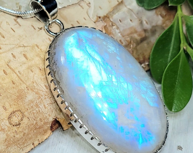 Natural AAAA Grade Multi Full Flash Oval Rainbow Moonstone .925 Sterling Silver Pendant Measures 2 1/4" x 1" Weighs 22 Grams CA36