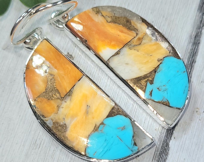 Natural Top Quality Color Spiny Oyster Turquoise  .925 Sterling Silver Earrings 9.2 Grams 1 7/8" x 9/16" FU26 Genuine Stones Gift for Her