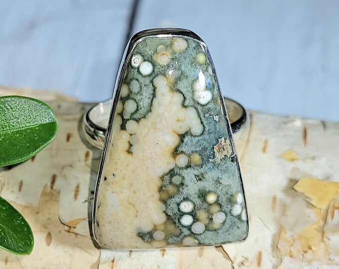 Natural High Grade Ocean Jasper Pear .925 Sterling Silver Ring Size 9 7 Grams 1" x 3/4" EZ21