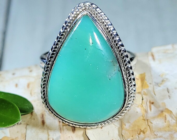 Natural High Grade Green Chrysoprase Pear .925 Sterling Silver Ring Size Adjustable 6-8 8 Grams 1" x 3/4" EZ37