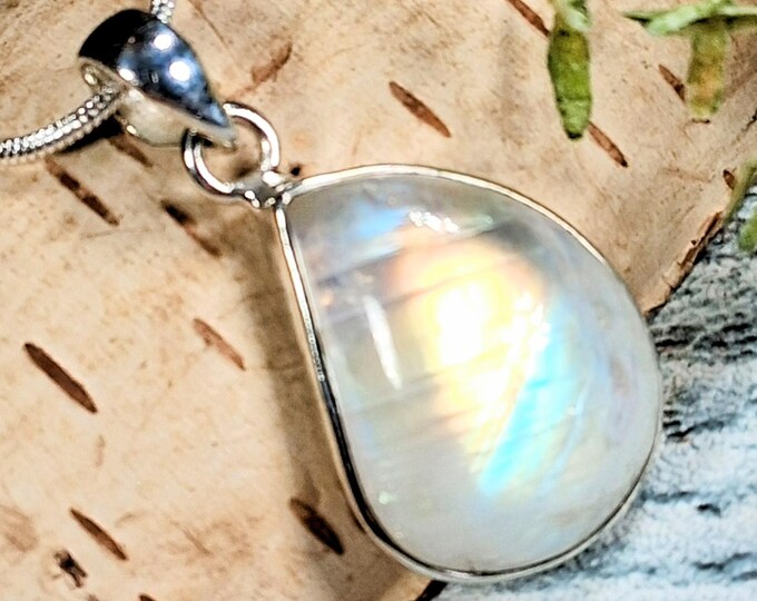 Rainbow Moonstone Sterling Silver Pendant: Handmade Freeform Multi-Flash Moonstone Pendant; KC14