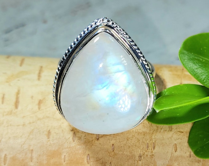 Moonstone Ring, Rainbow Moonstone Sterling Silver Ring, Premium Grade Moonstone Ring, Size 9.5, Statement Ring, Handmade Ring, FG